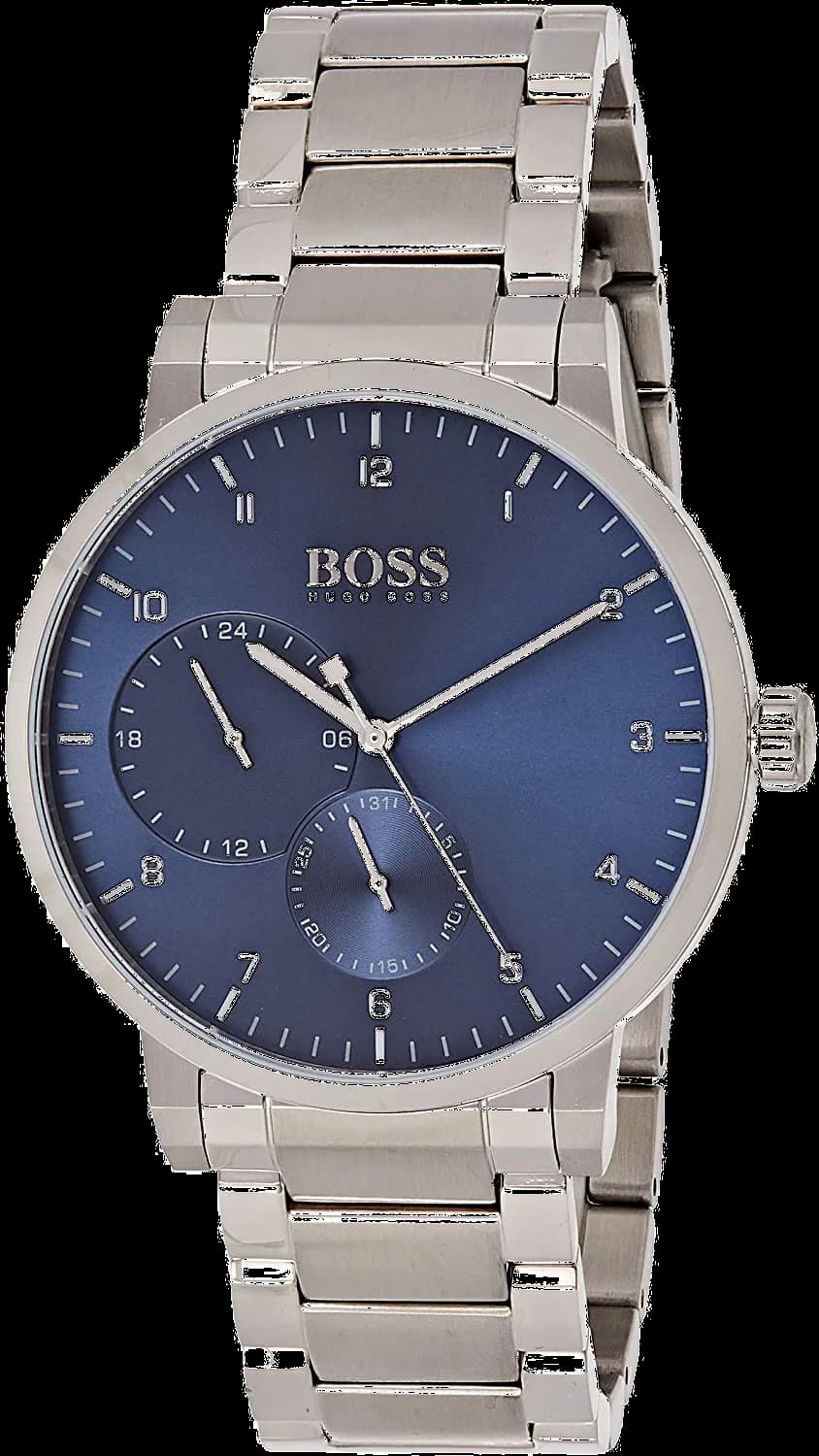 Montre Hugo Boss 1513597 avec cadran bleu soleil, aiguilles argentées et index bâtons sur fond bleu profond, style classique moderne