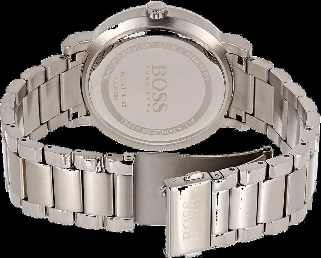 Cadran Hugo Boss 1513597 avec cadran bleu soleil, index appliqués et aiguilles bâtons, date à 3h, finition satinée