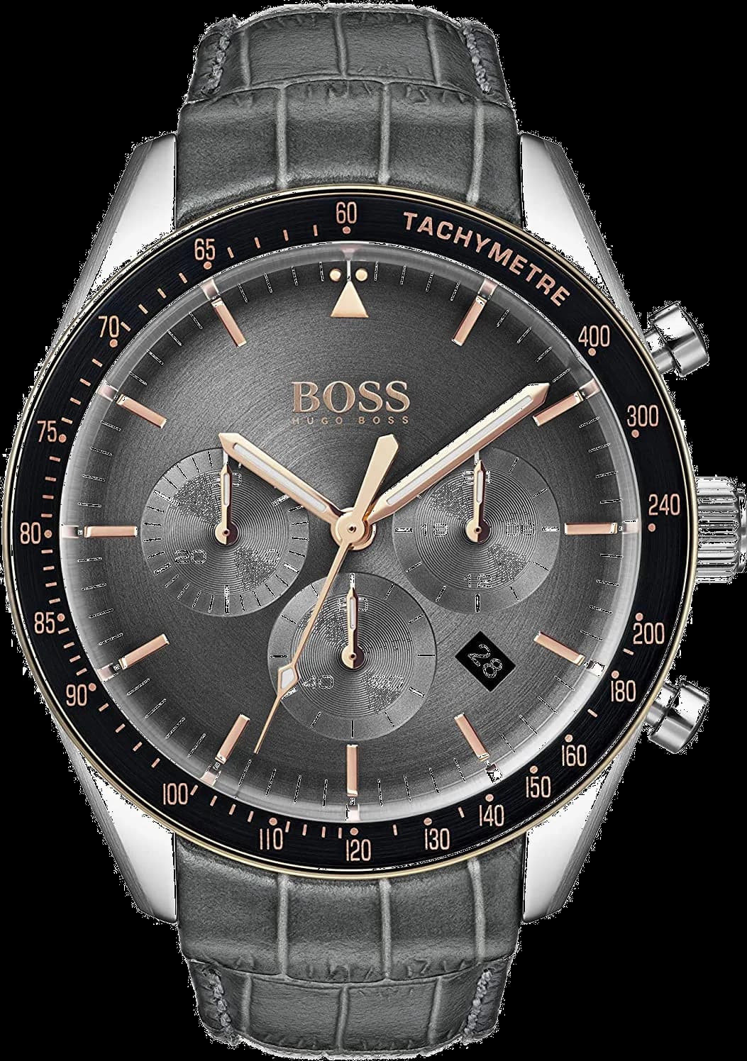 Montre Hugo Boss 1513628 avec cadran gris anthracite, index bâtons et aiguilles argentées, style sport-chic