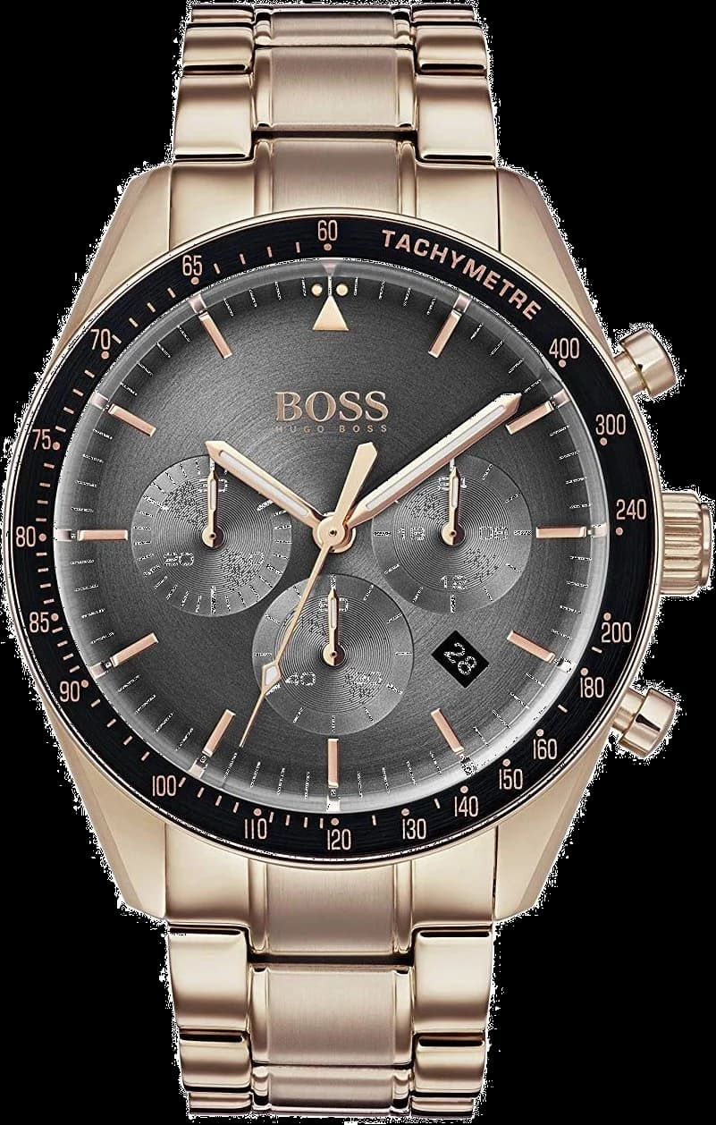 Montre Hugo Boss 1513632 au cadran argenté soleillé avec index bâtons et aiguilles dorés, style élégant et moderne