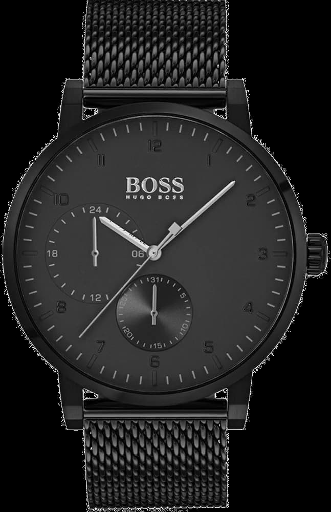 Montre Hugo Boss 1513636 au cadran noir soleil avec index bâtons et aiguilles argentées, style élégant et moderne
