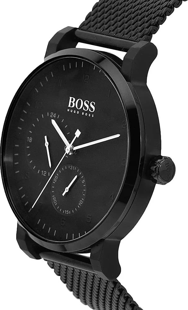 Cadran Hugo Boss 1513636 détail du cadran noir avec index appliqués et aiguilles luminescentes, date à 3h, sobre et raffiné