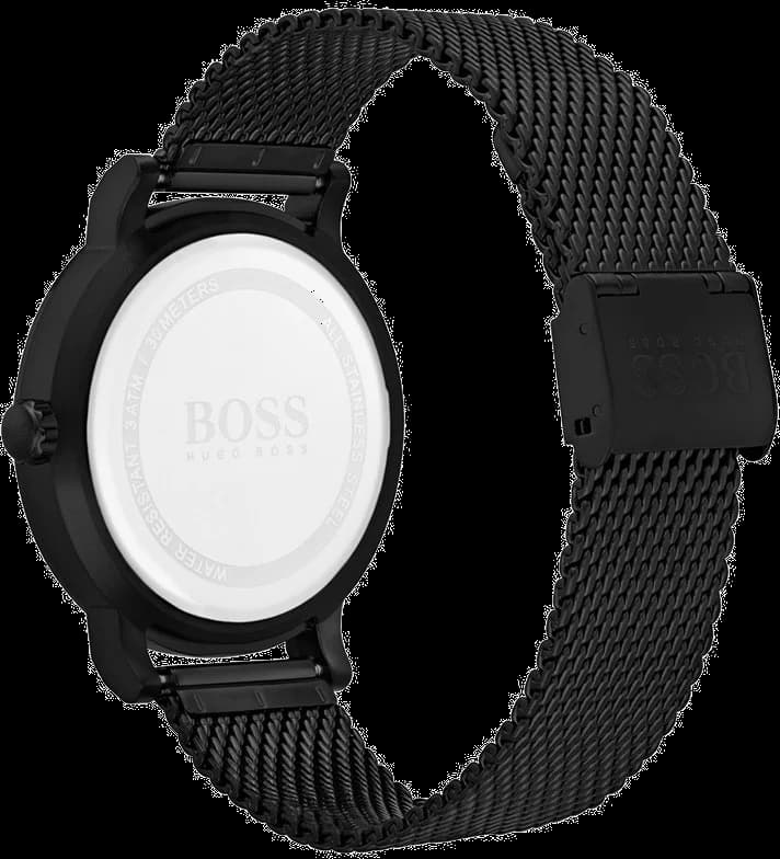 Boîtier Hugo Boss 1513636 boîtier rond en acier inoxydable noir, lunette lisse, verre saphir, profil fin et épuré