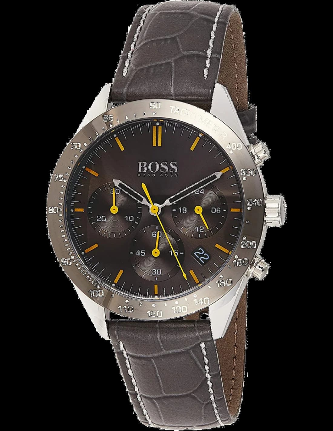 Montre Hugo Boss 1513659 au cadran noir soleillé avec index bâtons argentés et aiguilles luminescentes, style sport-élégant