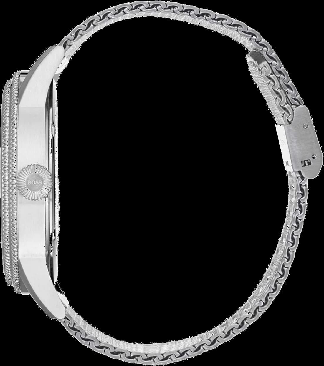 Cadran Hugo Boss 1513673 aux index bâtons appliqués, aiguilles dauphine et guichet date à 3h, lisibilité parfaite