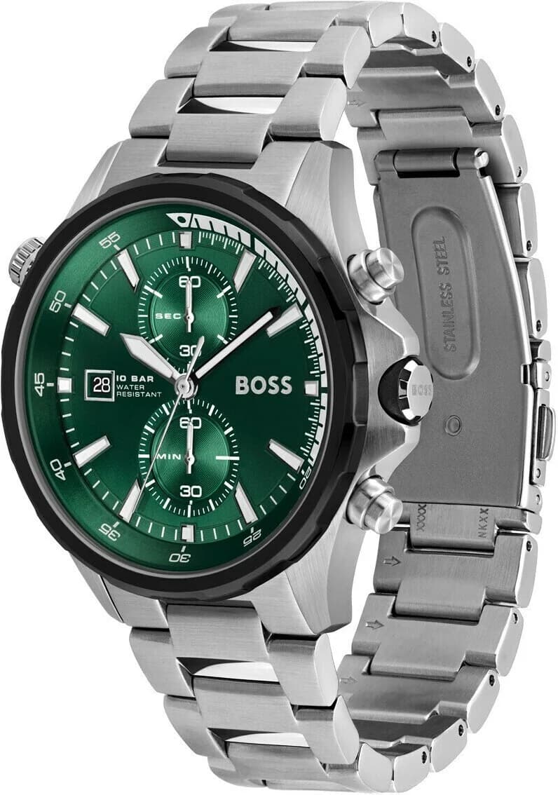 Cadran Hugo Boss 1513682 vert avec index appliqués, compteurs chronographe et date à 4h30
