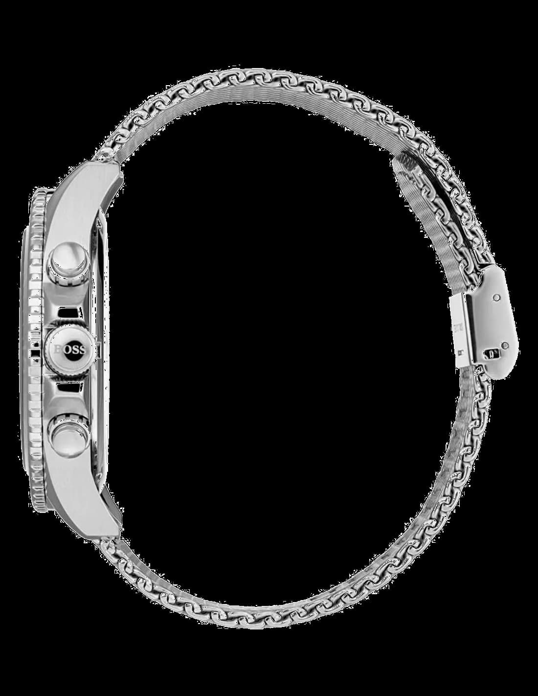 Boîtier Hugo Boss 1513701 rond en acier brossé, lunette fine, verre saphir et couronne crantée
