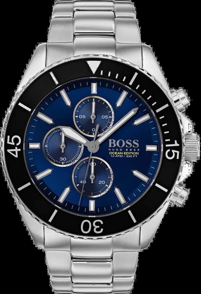 Montre Hugo Boss 1513704 avec cadran bleu soleil, aiguilles et index argentés sur bracelet acier