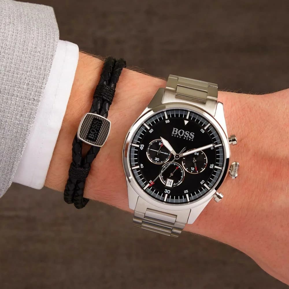 Boîtier Hugo Boss 1513712 rond 42mm acier poli brossé lunette fixe gravée couronne crantée étanche 100m