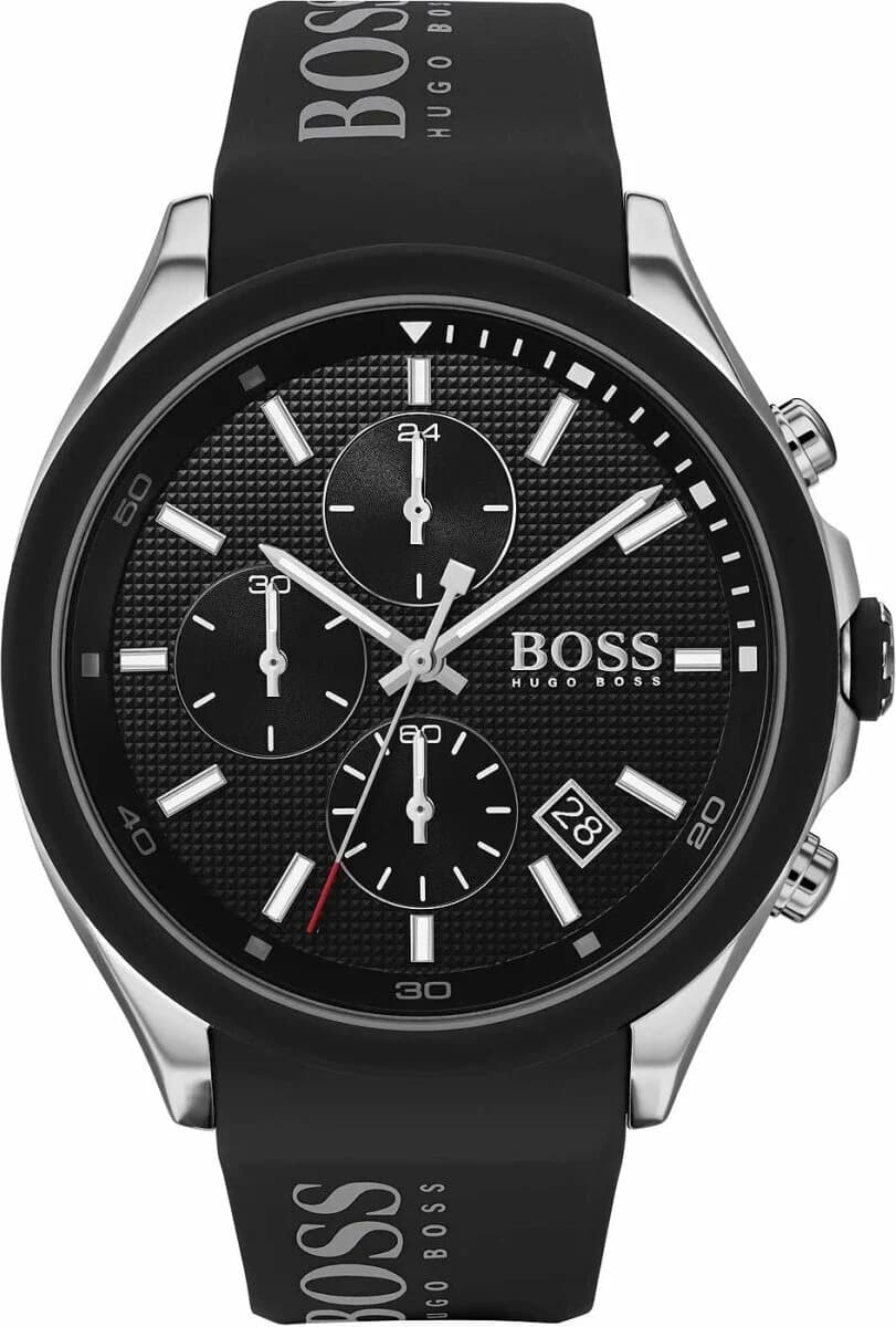 Montre Hugo Boss 1513716 avec cadran noir soleillé, chronographe et index blancs sur bracelet silicone noir