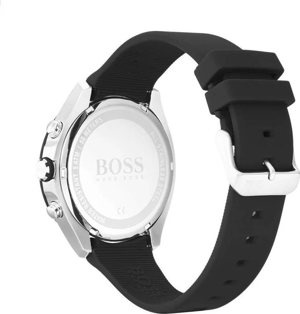 Cadran Hugo Boss 1513716 au cadran noir soleillé, compteurs chrono et guichet date à 4h30, aiguilles luminescentes