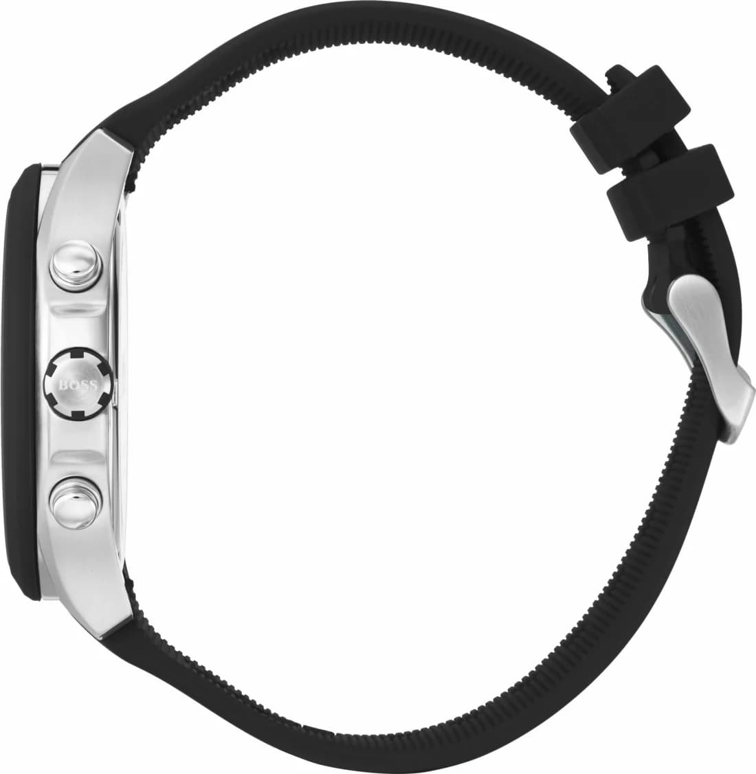 Bracelet Hugo Boss 1513716 en silicone noir texturé avec boucle ardillon en acier brossé, fermeture sécurisée