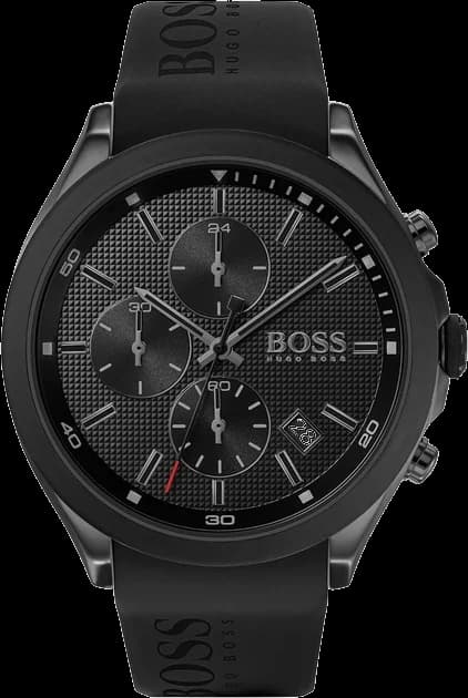 Montre Hugo Boss 1513720 Velocity Chronographe au cadran noir soleillé avec compteurs et aiguilles luminescentes, style sportif et élégant