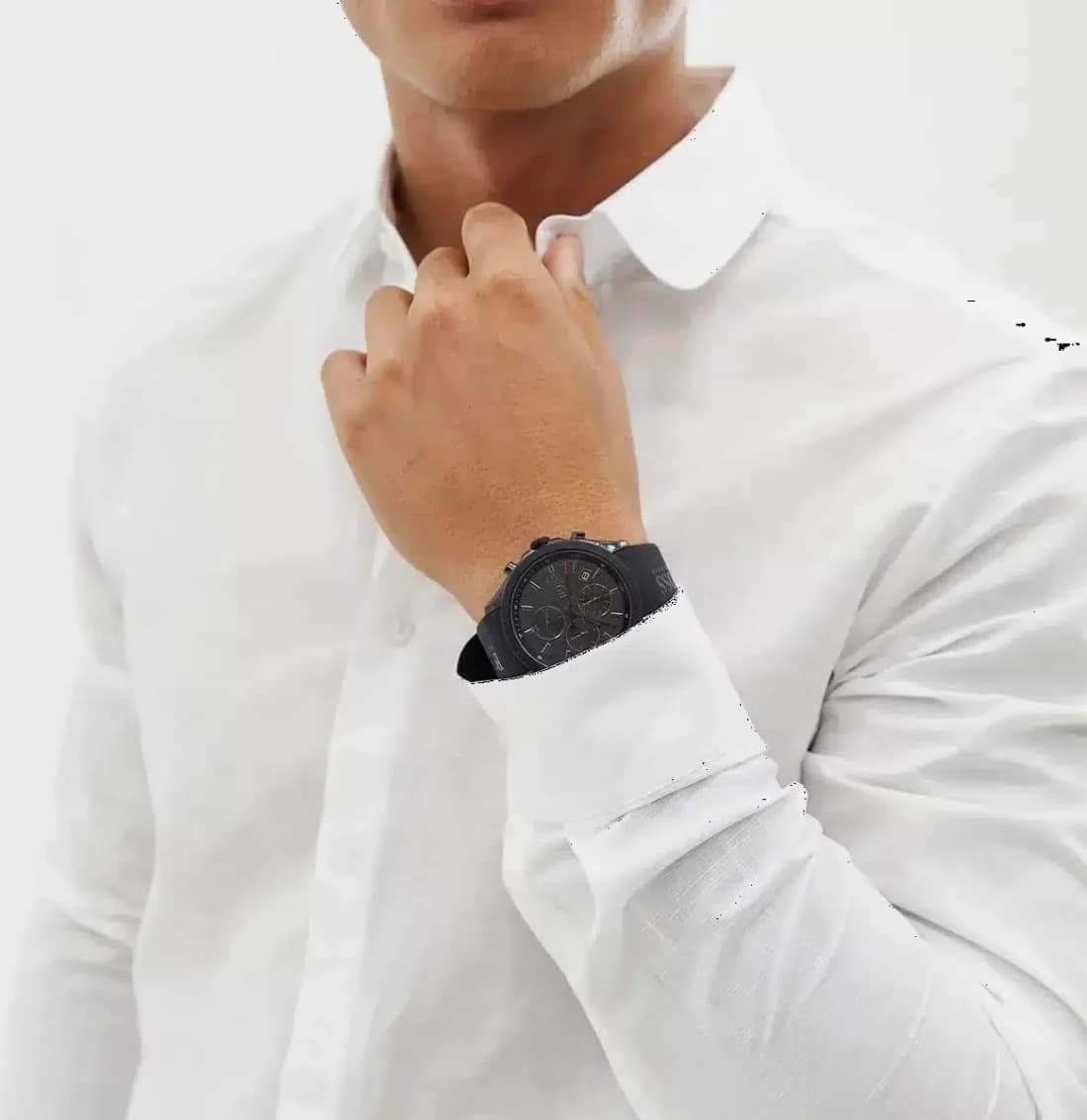 Bracelet Hugo Boss 1513720 en silicone noir texturé avec boucle ardillon en acier inoxydable brossé, confortable et résistant