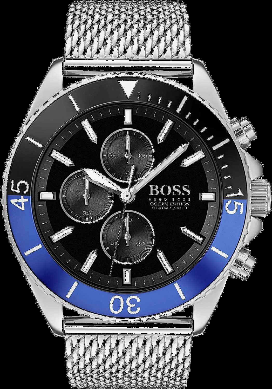 Montre Hugo Boss 1513742 avec cadran bleu soleil, aiguilles argentées et index bâtons, style élégant et sportif