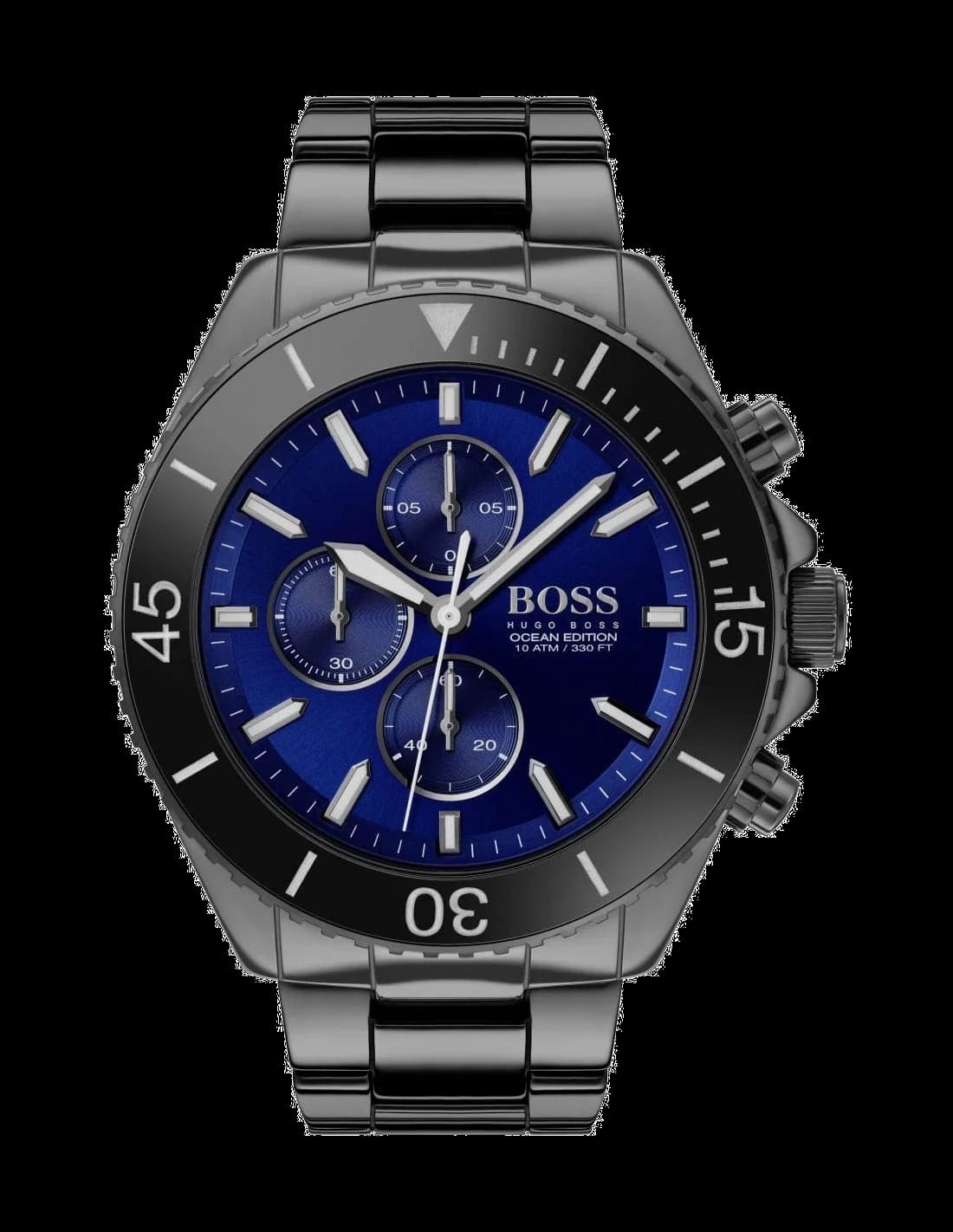 Montre Hugo Boss 1513743 avec cadran bleu soleil et lunette noire, style sport chic