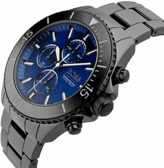 Cadran Hugo Boss 1513743 bleu soleillé, index bâtons et aiguilles argentées, date à 3h