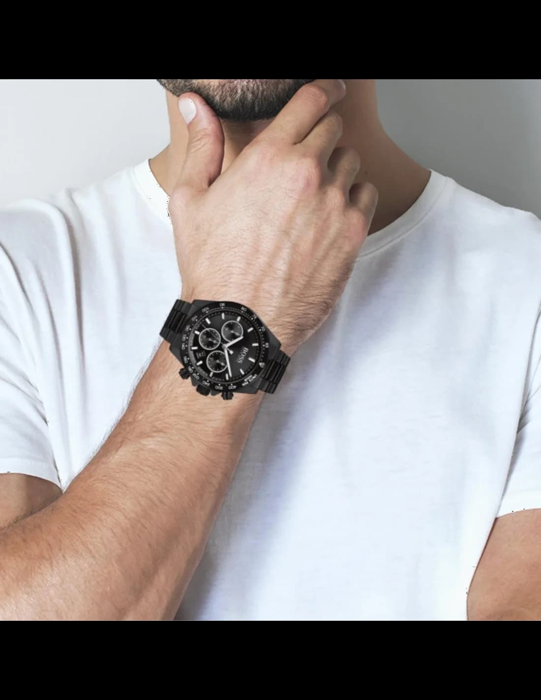 Boîtier Hugo Boss 1513754 en acier noir brossé de 42 mm, lunette fixe lisse et verre saphir