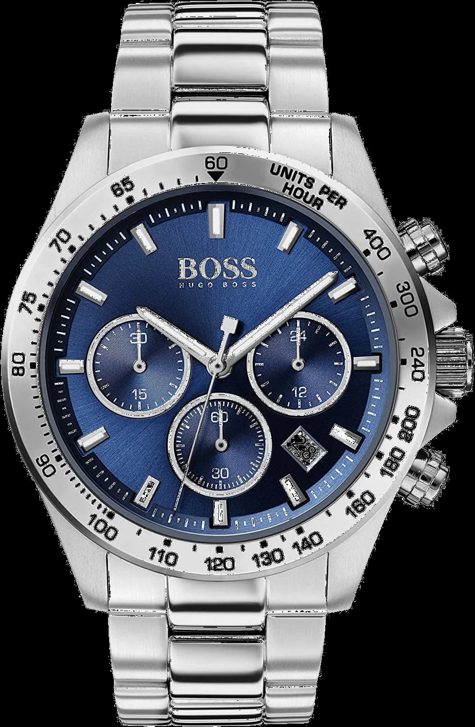 Montre Hugo Boss 1513755 au cadran bleu soleil avec index appliqués, aiguilles luminescentes et guichet date à 3h, style sport chic