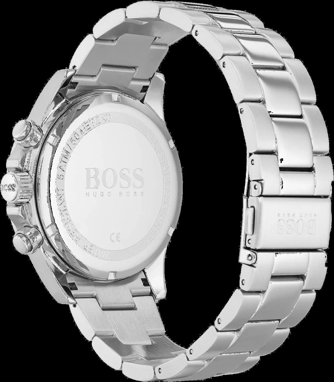 Cadran Hugo Boss 1513755 bleu soleil avec index bâtons argentés, aiguilles luminescentes, compteurs chronographe et date, lisibilité optimale
