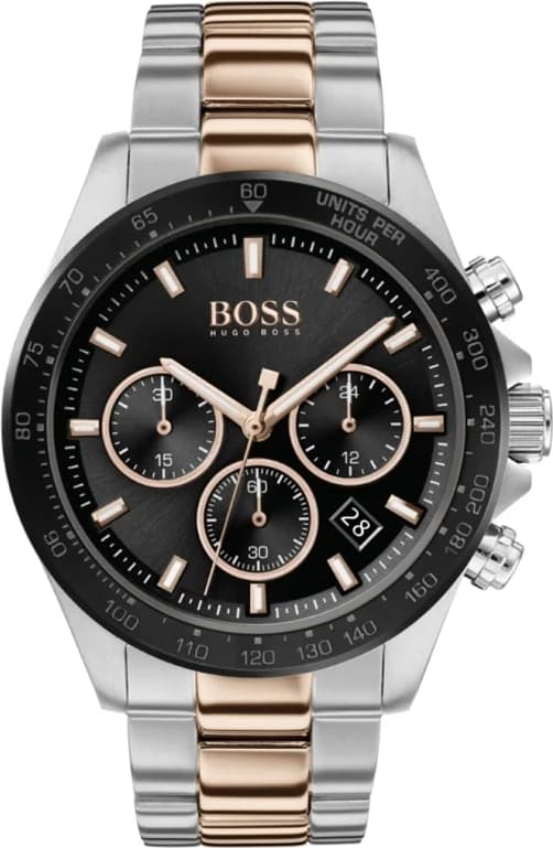 Montre Hugo Boss 1513757 avec cadran noir soleillé et index bicolores, aiguilles argent et or rose