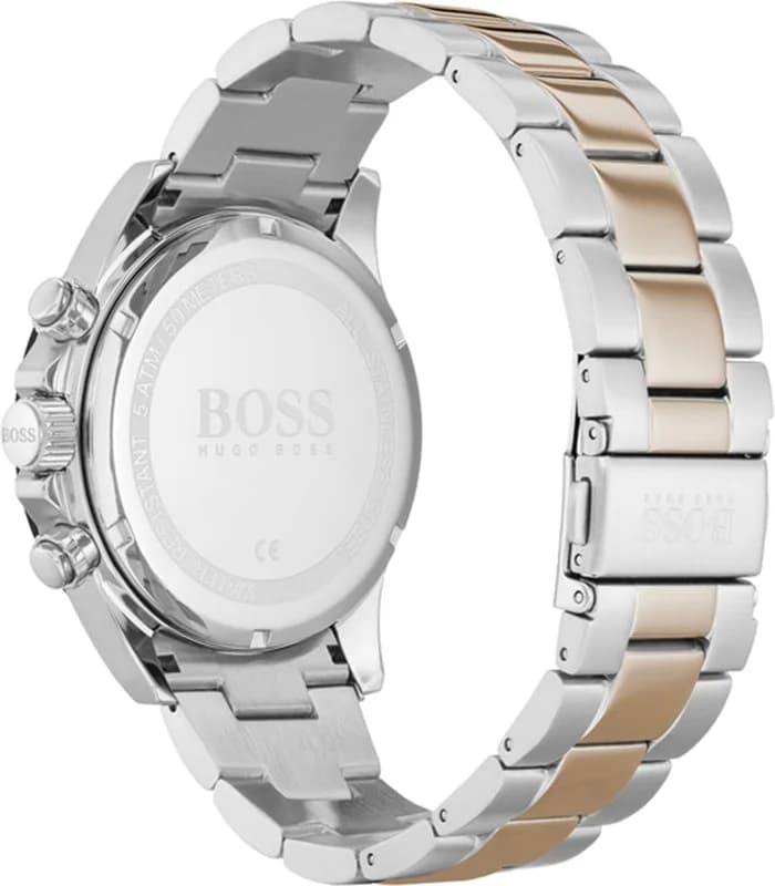 Cadran Hugo Boss 1513757 noir soleillé, index appliqués et aiguilles bicolores, guichet date à 4h30