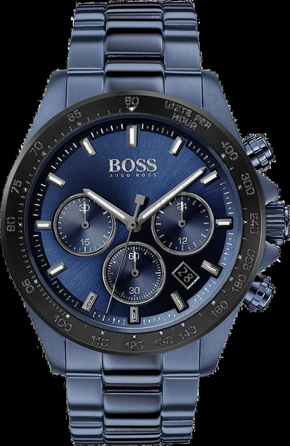 Montre Hugo Boss 1513758 avec cadran bleu nuit soleillé, index appliqués et aiguilles argentées, style sport chic