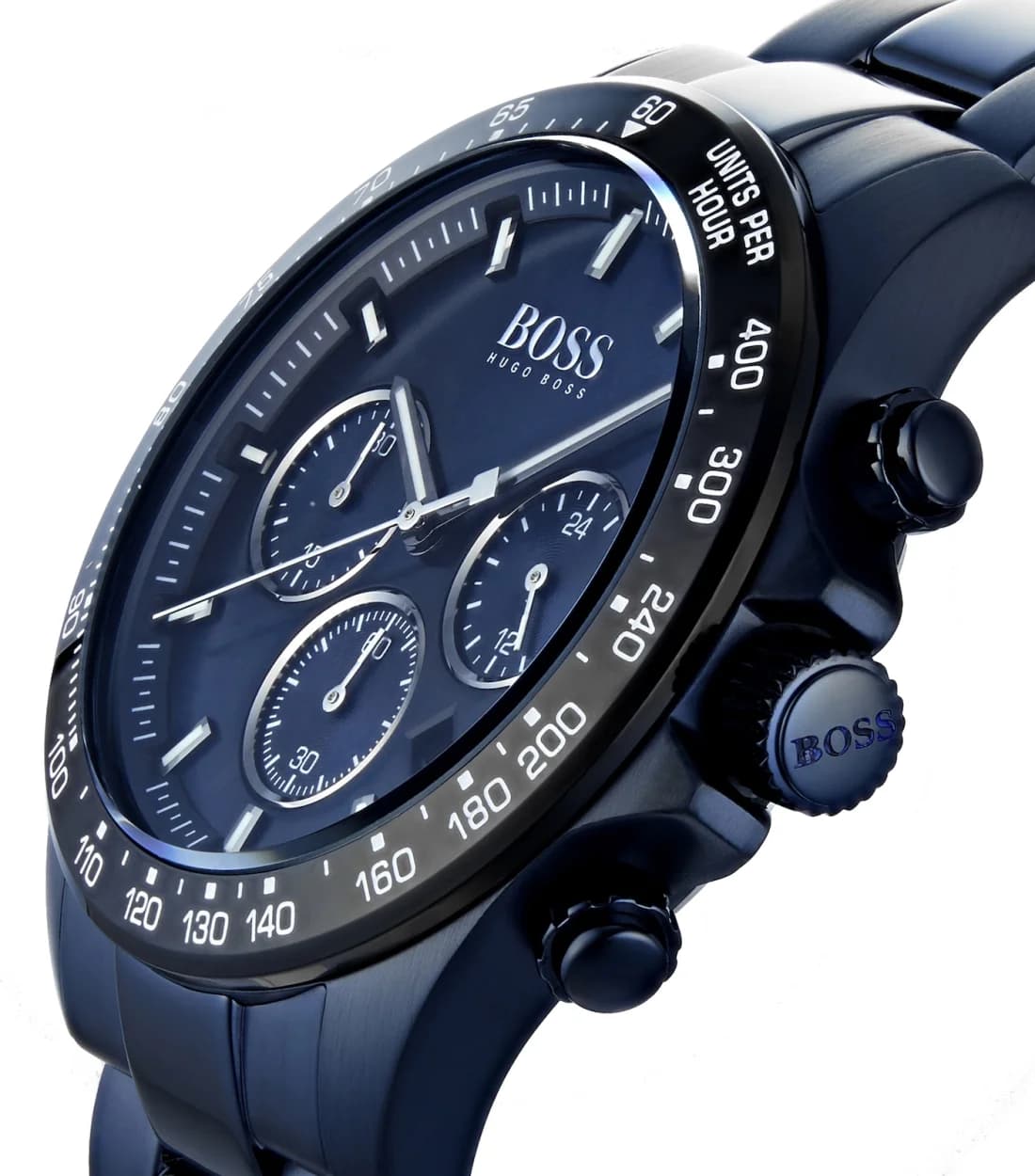Cadran Hugo Boss 1513758 détail des trois compteurs chronographe, guichet date à 4h30 et indices bâtons luminescents