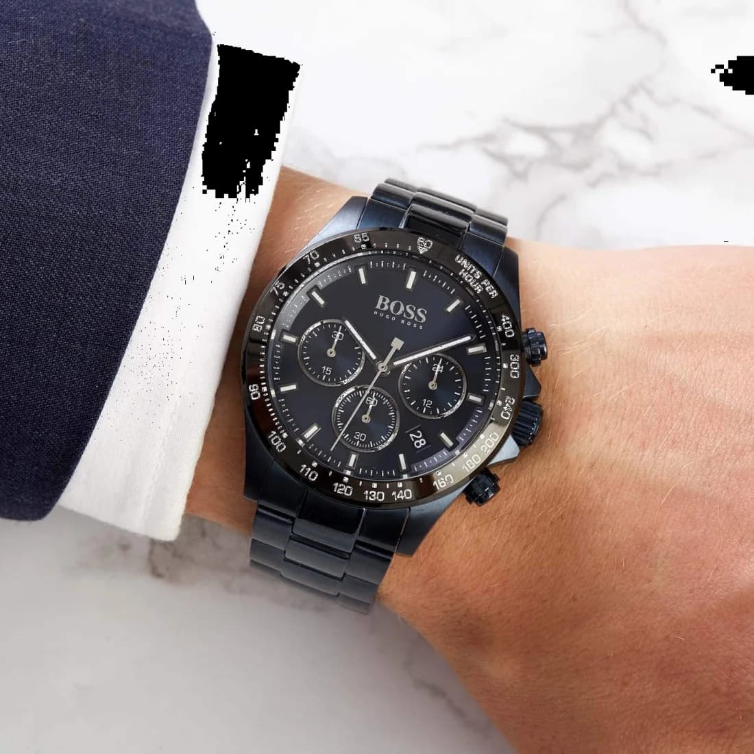 Boîtier Hugo Boss 1513758 rond en acier de 44mm avec lunette lisse, verre saphir et couronne crantée