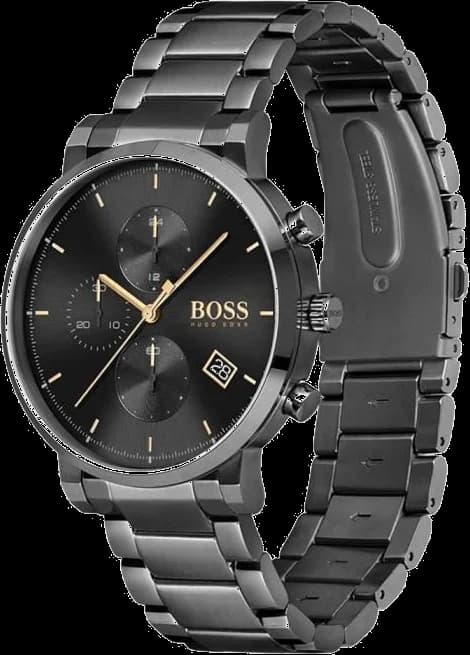 Cadran Hugo Boss 1513780 affiche des aiguilles luminescentes, date à 3h, et index bâtons argentés