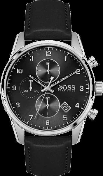 Montre Hugo Boss 1513782 avec cadran noir soleil et index bâtons argentés, style sport chic