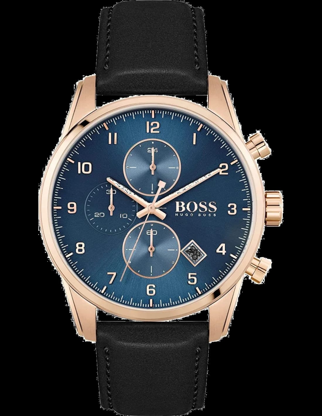 Montre Hugo Boss 1513783 avec cadran noir et aiguilles argentées sur fond soleillé, style sport chic