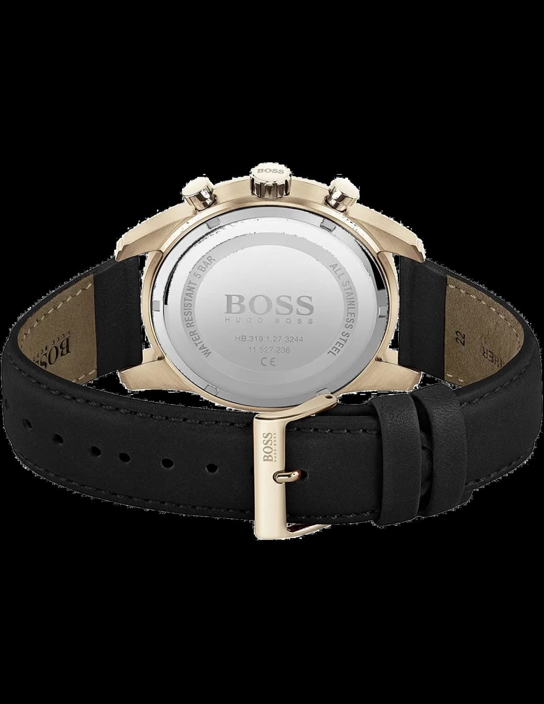 Bracelet Hugo Boss 1513783 en cuir noir cousu blanc, boucle ardillon en acier brossé, confortable au poignet