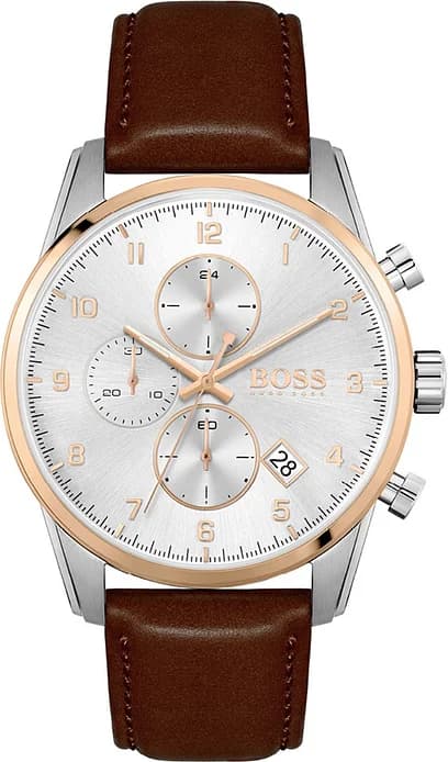 Montre Hugo Boss 1513786 avec cadran noir et aiguilles argentées sur fond soleil