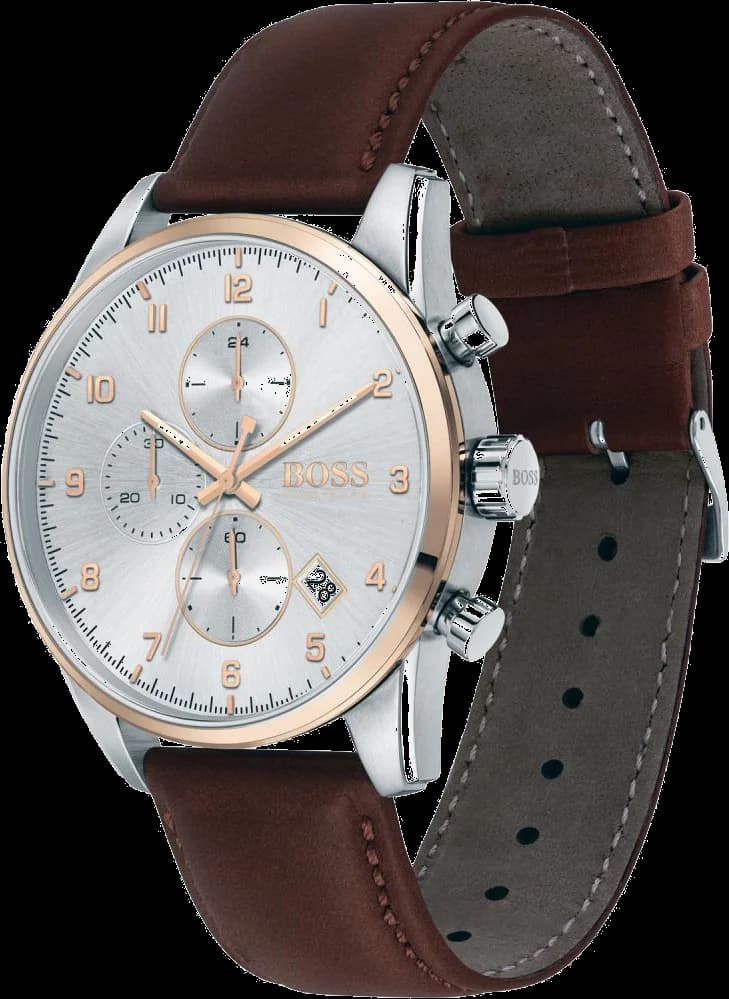 Cadran Hugo Boss 1513786 offre des index bâtons argentés et guichet date à 3h