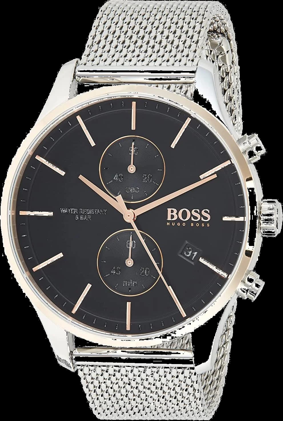 Montre Hugo Boss 1513805 au cadran noir soleillé et aiguilles argentées, style moderne et élégant