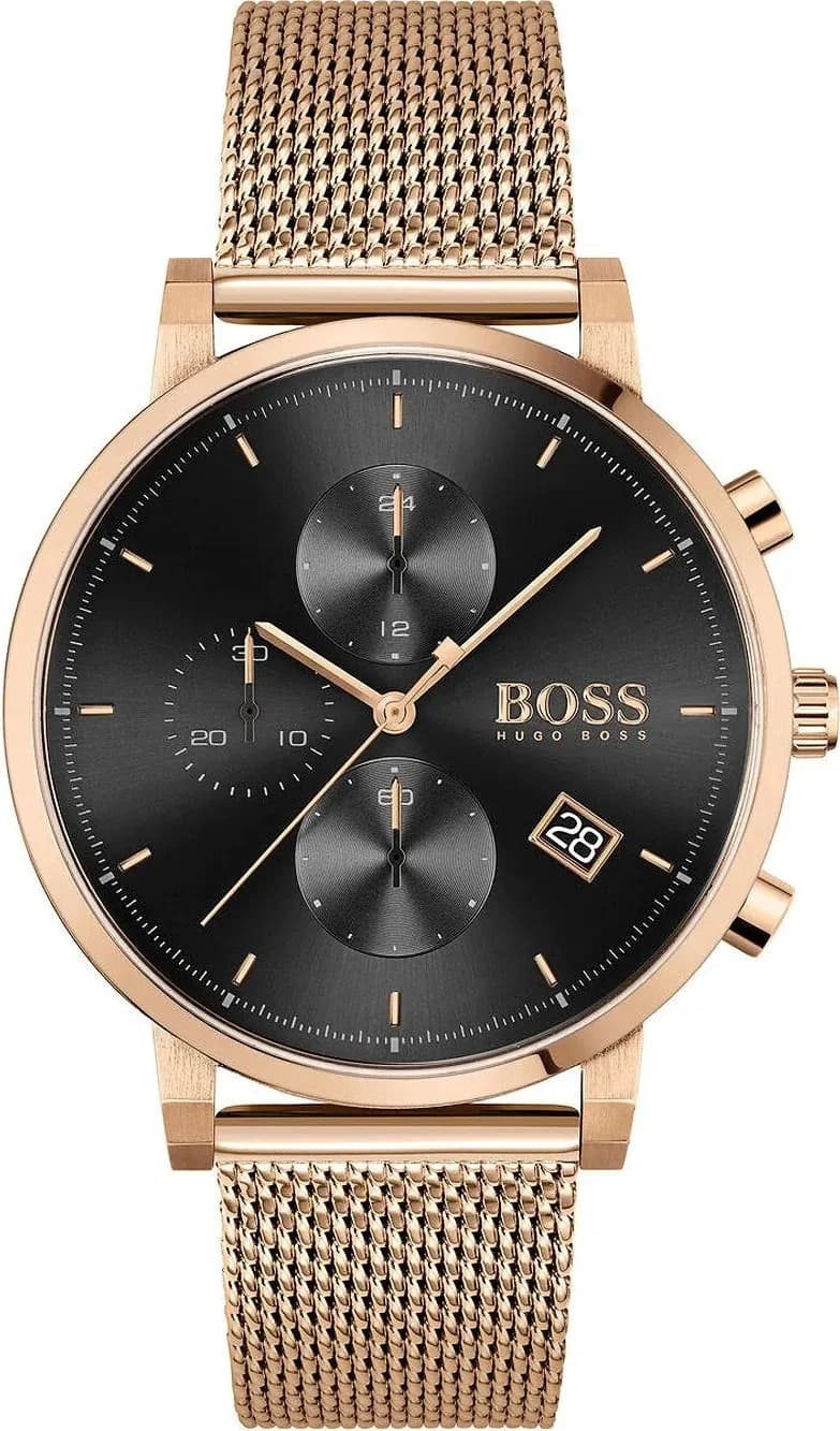 Montre Hugo Boss 1513806 avec cadran noir, index dorés et finition élégante brossée