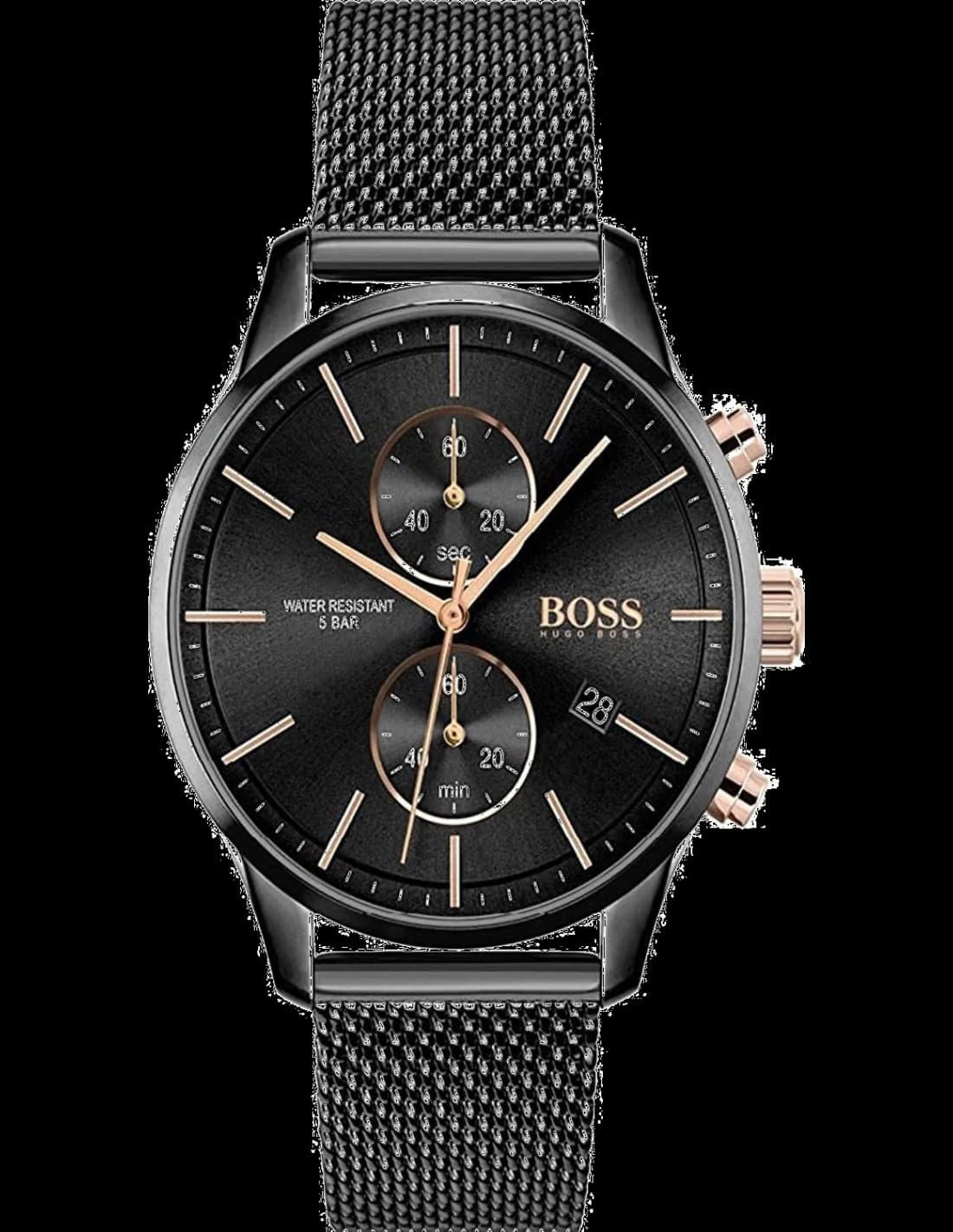 Montre Hugo Boss 1513811 avec cadran noir et aiguilles argentées sur fond noir élégant et minimaliste