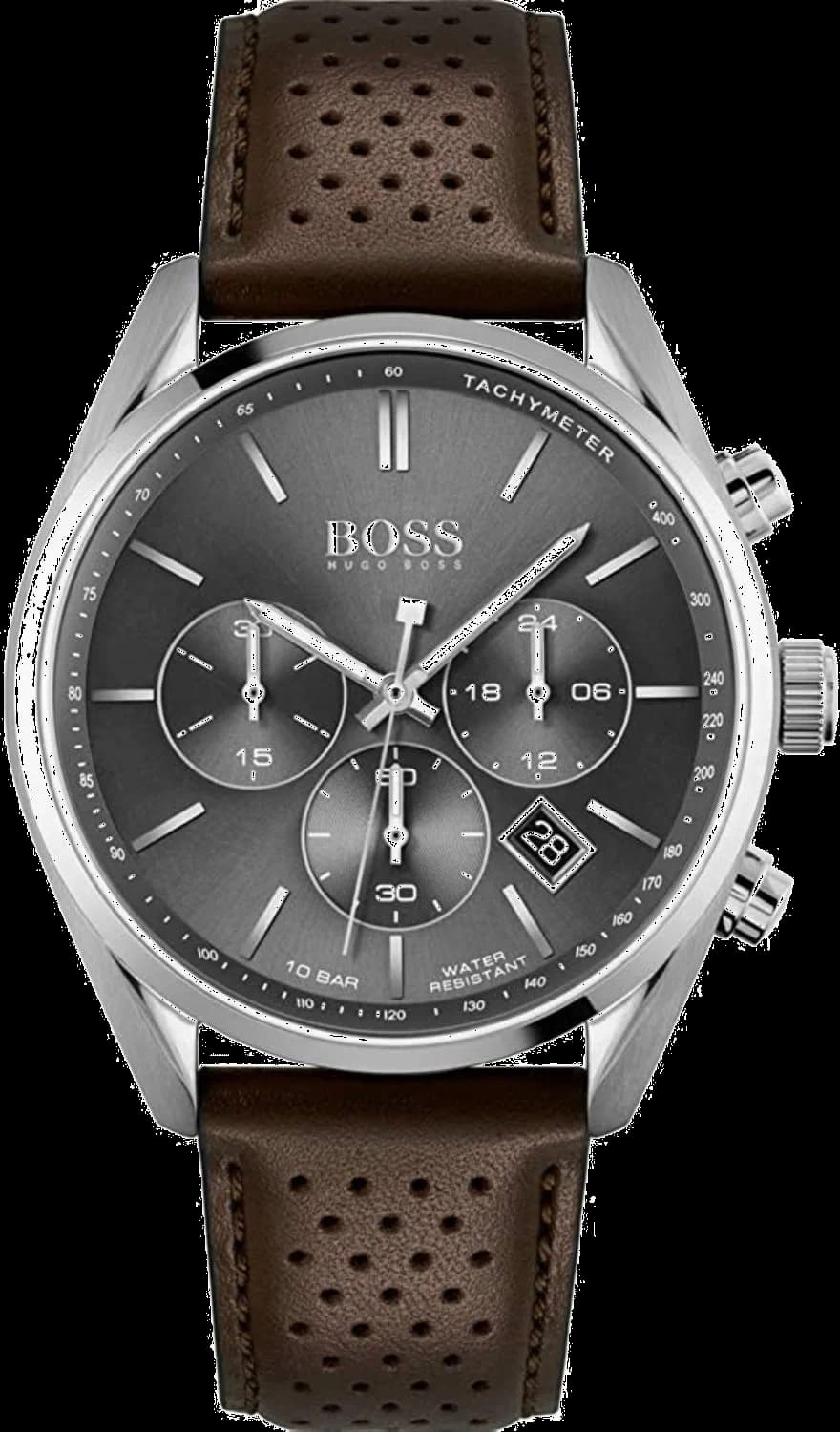Montre Hugo Boss 1513815 au cadran noir et aiguilles argentées sur bracelet perforé marron