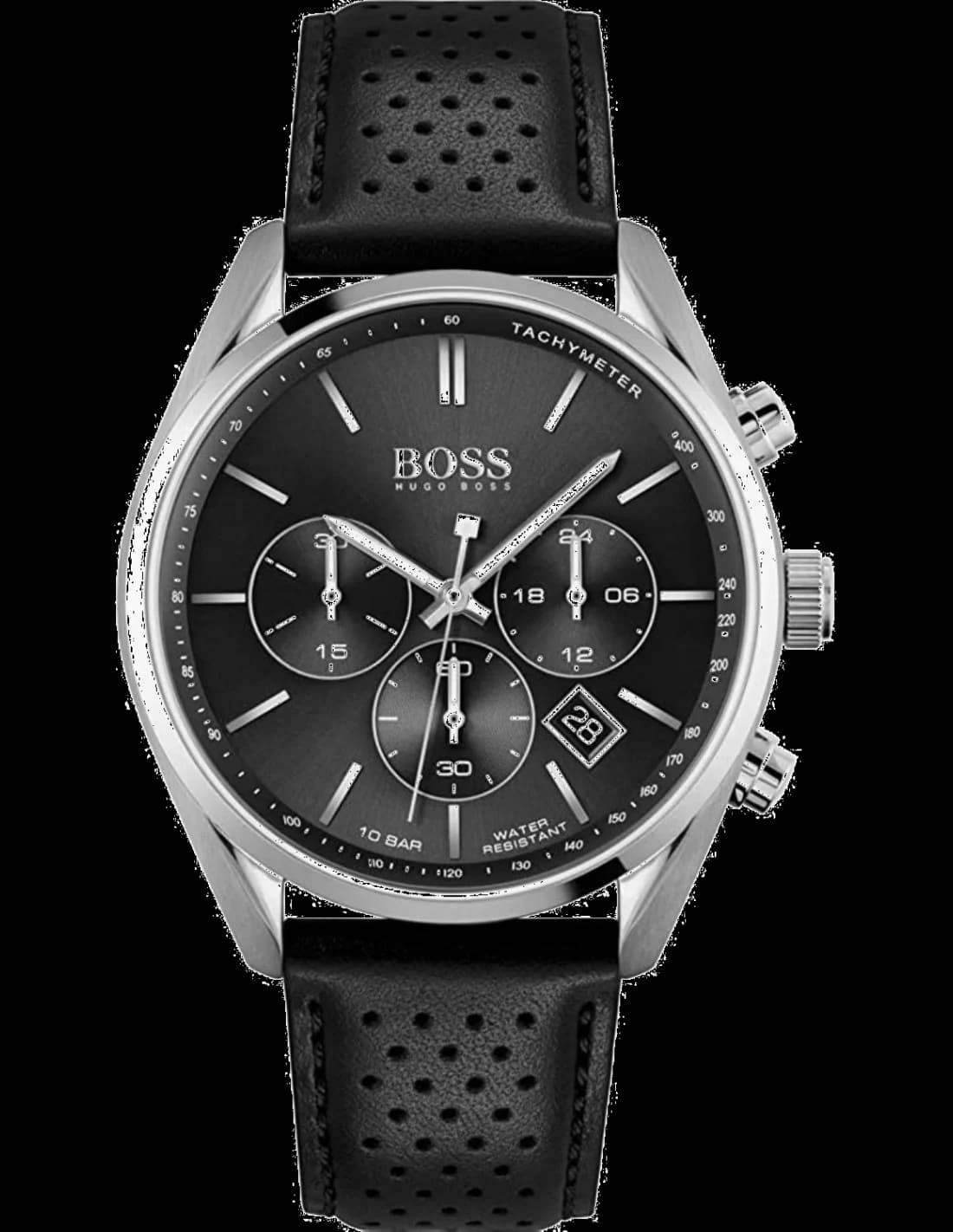 Montre Hugo Boss 1513816 au cadran noir à index bâtons et aiguilles argentées, style élégant sportif