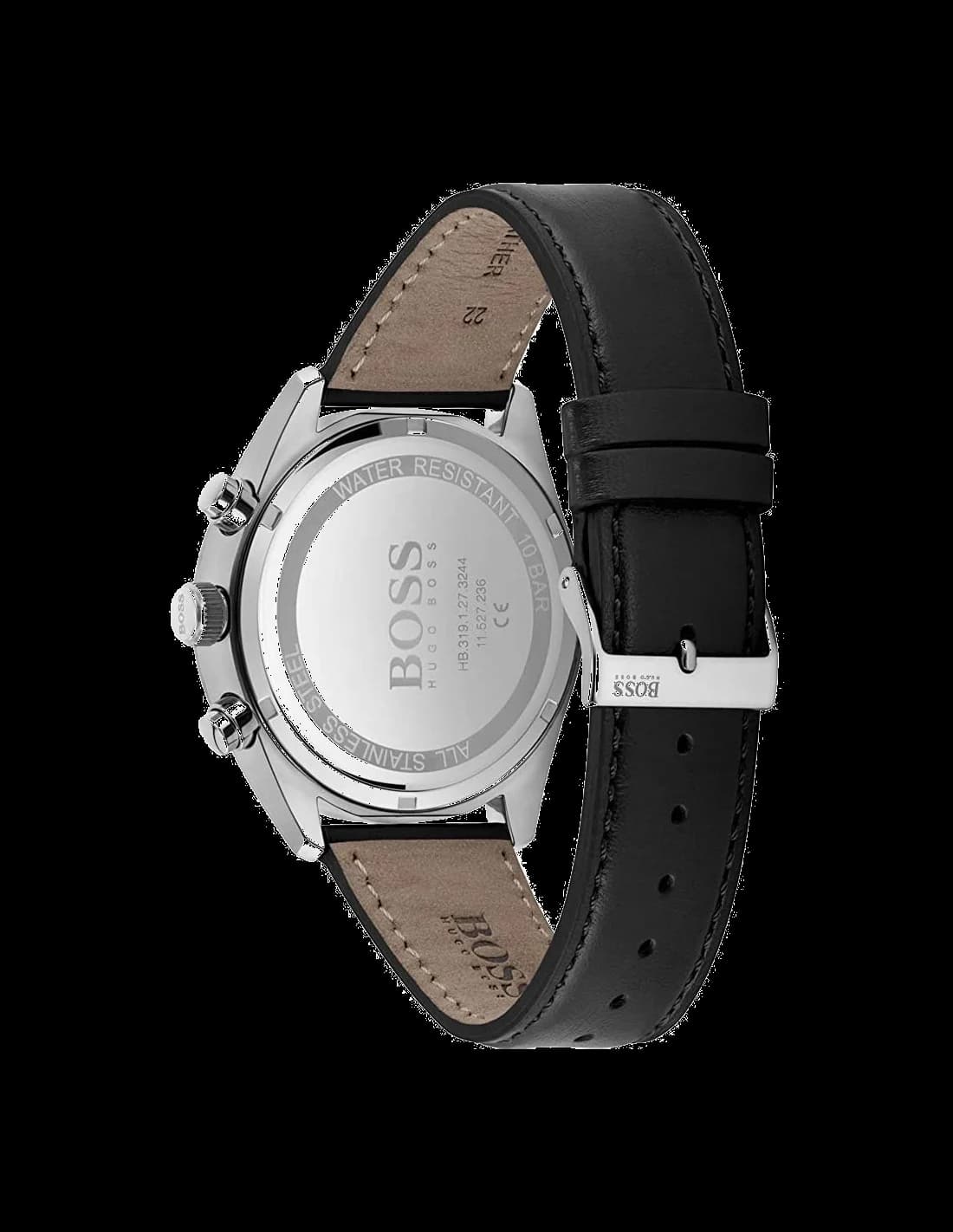 Bracelet Hugo Boss 1513816 en cuir perforé noir avec coutures contrastées et boucle ardillon, look racing vintage