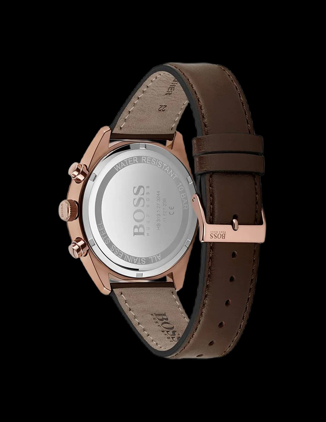 Bracelet Hugo Boss 1513817 en cuir marron perforé, coutures contrastantes et boucle ardillon