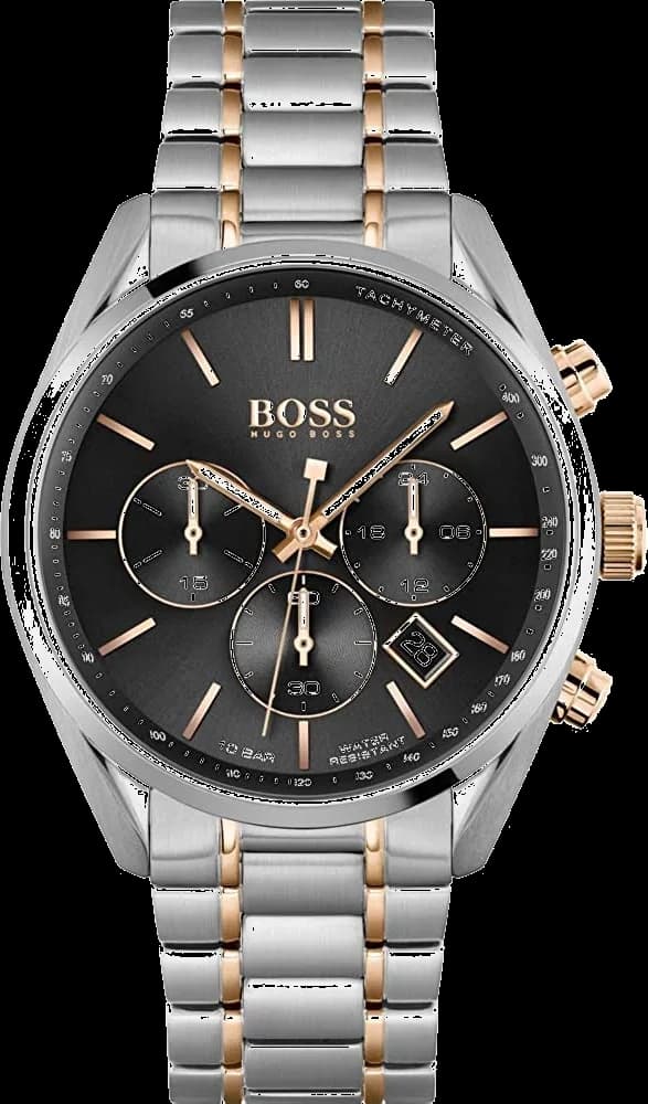 Montre Hugo Boss 1513819 avec cadran noir soleil, index bâtons argentés et aiguilles luminescentes, style sport chic bicolore