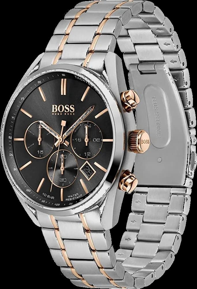 Cadran Hugo Boss 1513819 noir soleil, compteurs chronographe 3 sous-cadrans, date à 3h, aiguilles et index bâton argentés