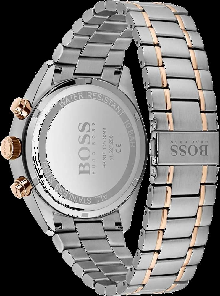 Bracelet Hugo Boss 1513819 en acier bicolore or et argent, maillons alternés polis et satinés, fermoir déployant double sécurité