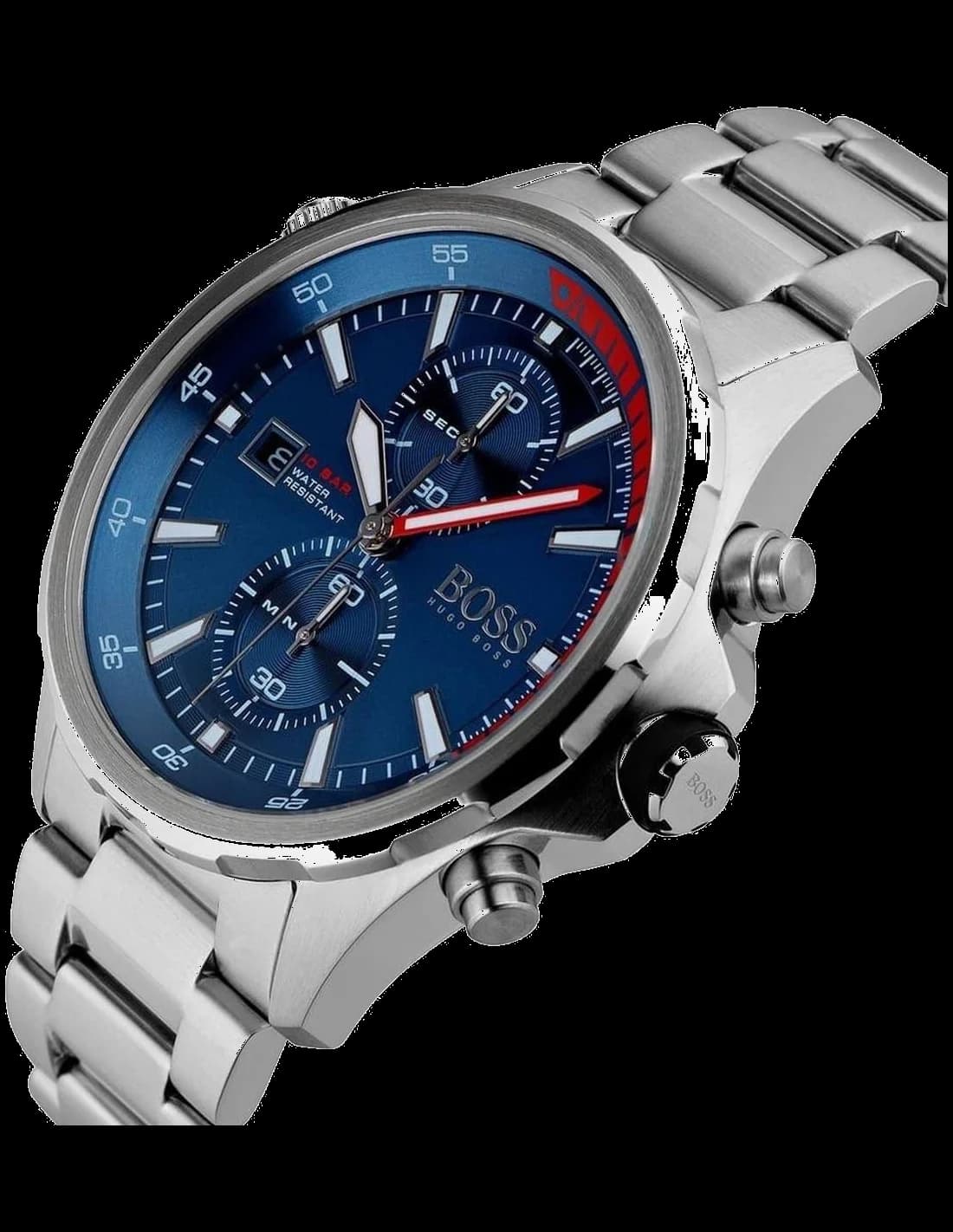 Cadran Hugo Boss 1513823 cadran bleu soleillé avec trois compteurs, guichet date à 4h30 et aiguilles luminescentes