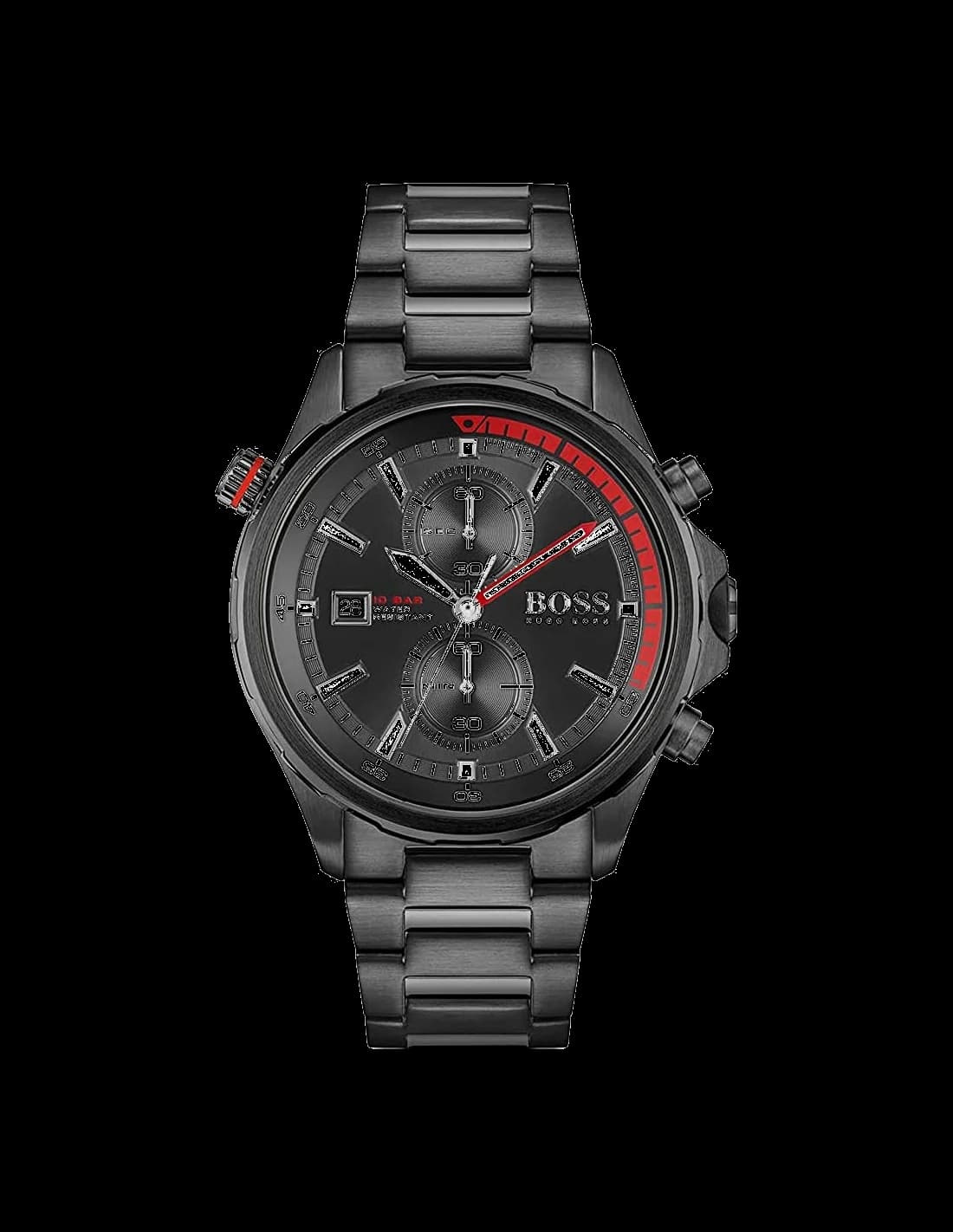 Montre Hugo Boss 1513825 chronographe noir avec cadran soleil et index argentés, style moderne et sportif