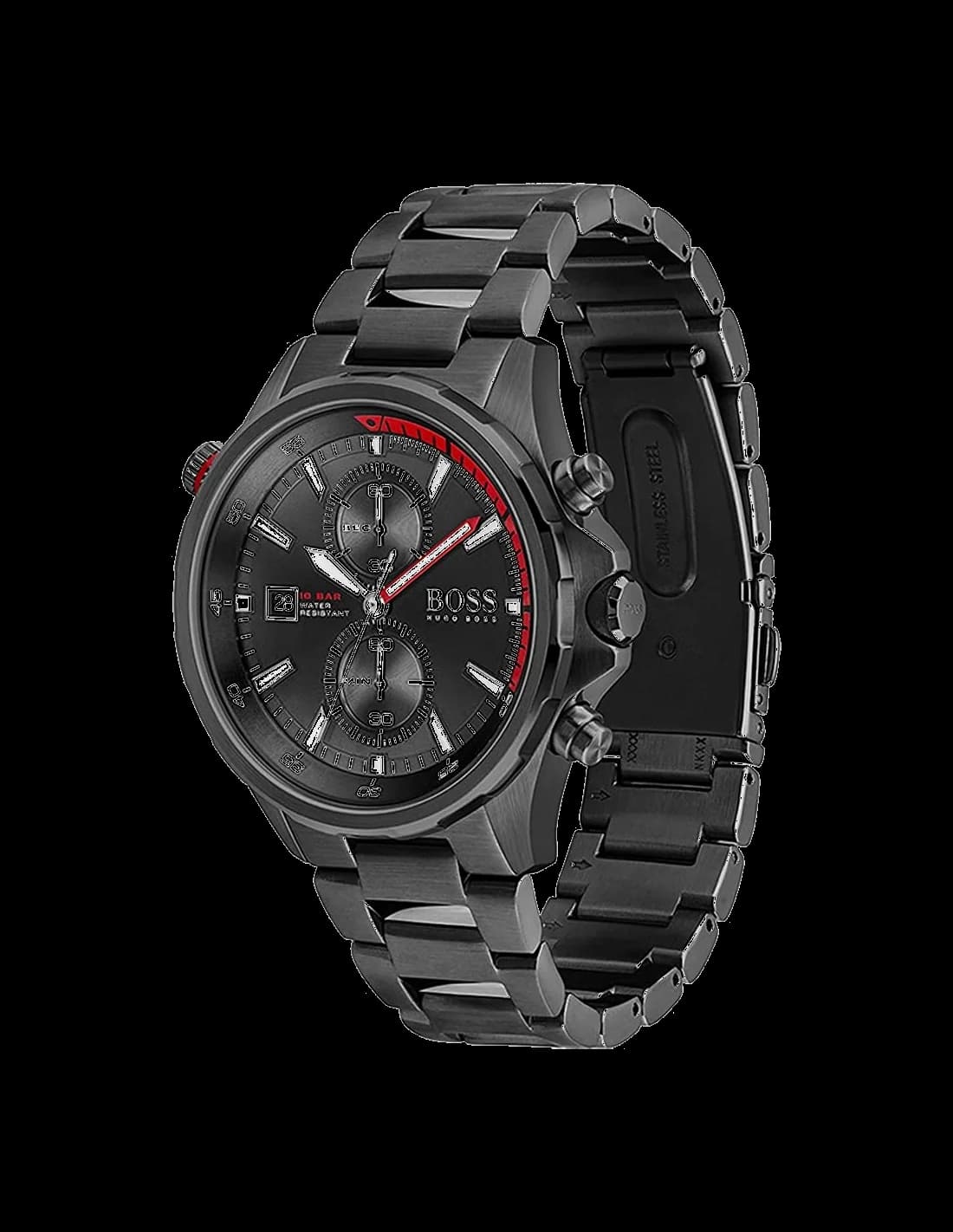 Cadran Hugo Boss 1513825 noir soleillé avec trois sous-cadrans, date à 4h30, aiguilles et index bâton argentés