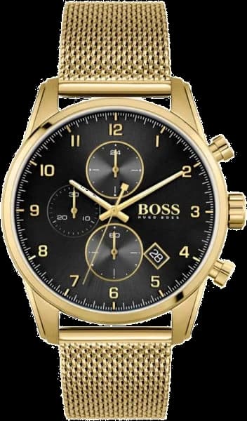Montre Hugo Boss 1513838 avec cadran noir soleillé et index bâtons dorés, style élégant et moderne