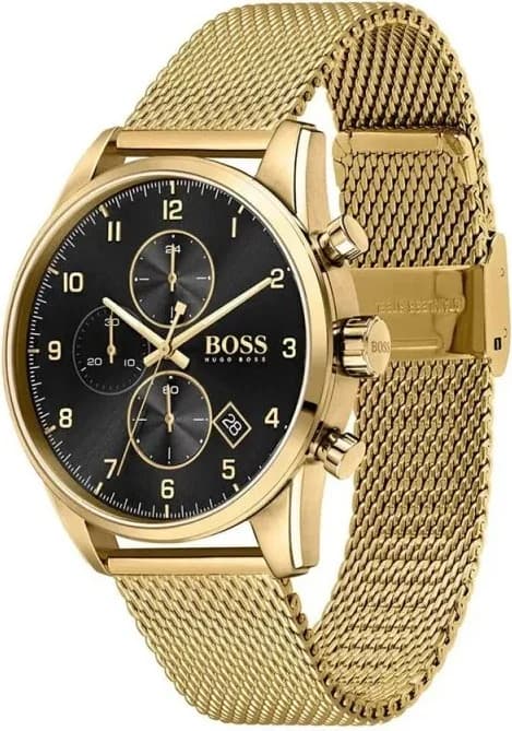 Cadran Hugo Boss 1513838 avec cadran noir soleillé, index bâtons dorés et aiguilles dauphine, date à 3h